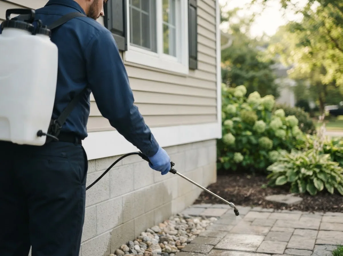 Pest control technician inspecting a home in Wright City, OK